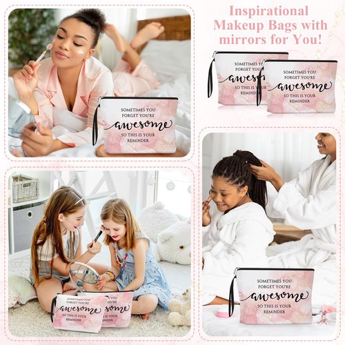 Beeveer 15 Sets Pink Thank You Gifts for Women, Inspirational Gifts Bulk for Female Client Teacher Employee Coworker, Sometimes You Forget You're Awesome Makeup Bags and Compact Mirrors for Party