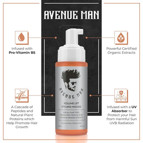 Avenue Man Volume Lift Mousse - 5.07 oz Hair Foam with Argan Oil & Silk Protein for Thickness | Alcohol & Paraben Free