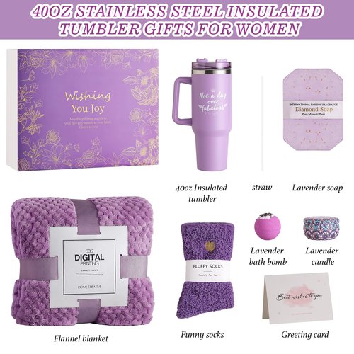 Birthday Gifts for Women, Self Care & Get Well Soon Gift Baskets, Lavender Relaxing Spa Care Package with 40oz Tumbler & Flannel Blanket, Encouragement Thinking of You Gifts for Her, Girl, Mom, Friend