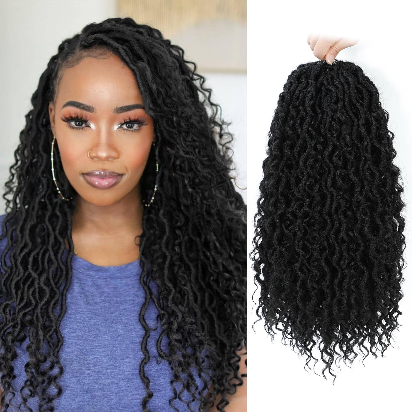 Wodun Goddess Locs Crochet Hair 18inch, 8 packs Faux Locs Crochet Hair,Pre-looped Crochet Hair with Curly Ends, River Locs Crochet Hair For Black Women (18 Inch (Pack of 8), 1B)