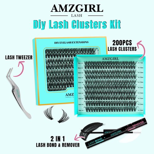 Lash Extension Kit 200PCS Lash Clusters Mix Eyelash Extension Kit with Waterproof Lash Bond and Remover,Individual Lashes with Lash Tweezers for Beginners at Home(30D,D-Mix9-16mm)