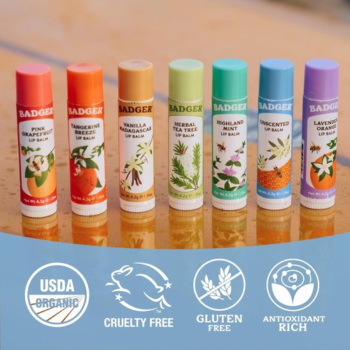 Badger Classic Organic Lip Balm Set - All-Natural Moisturizers | 4-Pack Variety (Unscented, Tea Tree, Mint & Tangerine)