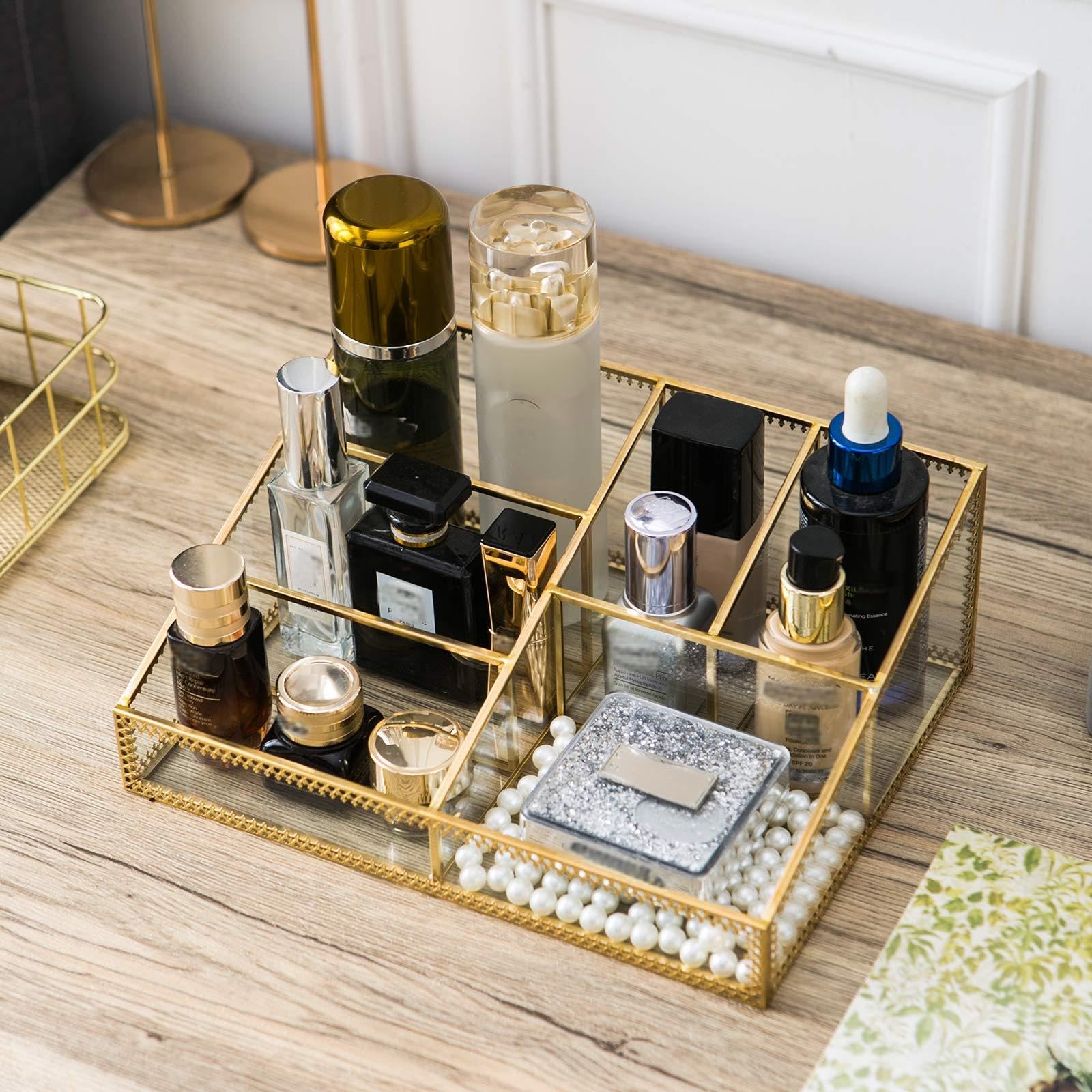 WHSLILR Vintage Gold Makeup Organizer - Glass Makeup Organizer Countertop Organizer for Make-Up Brushes Vanity, Tabletop Organizer Display Case for Bathroom, Vanity, Drawers GJB001