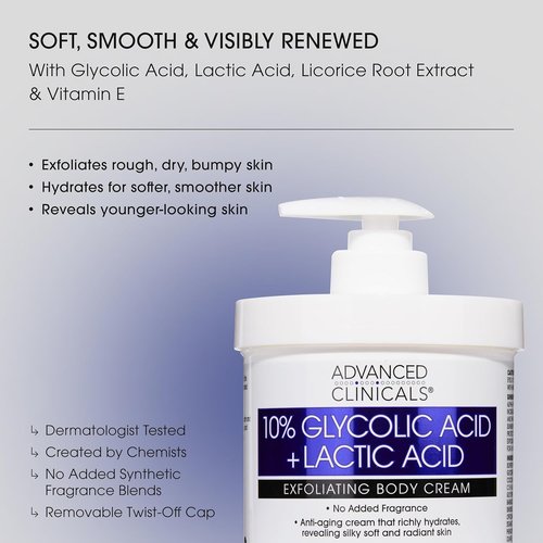 Advanced Clinicals 10% Glycolic Acid Exfoliating Lotion - Moisturizing Cream with Hyaluronic Acid | 16 Oz for Smooth, Even Skin Texture
