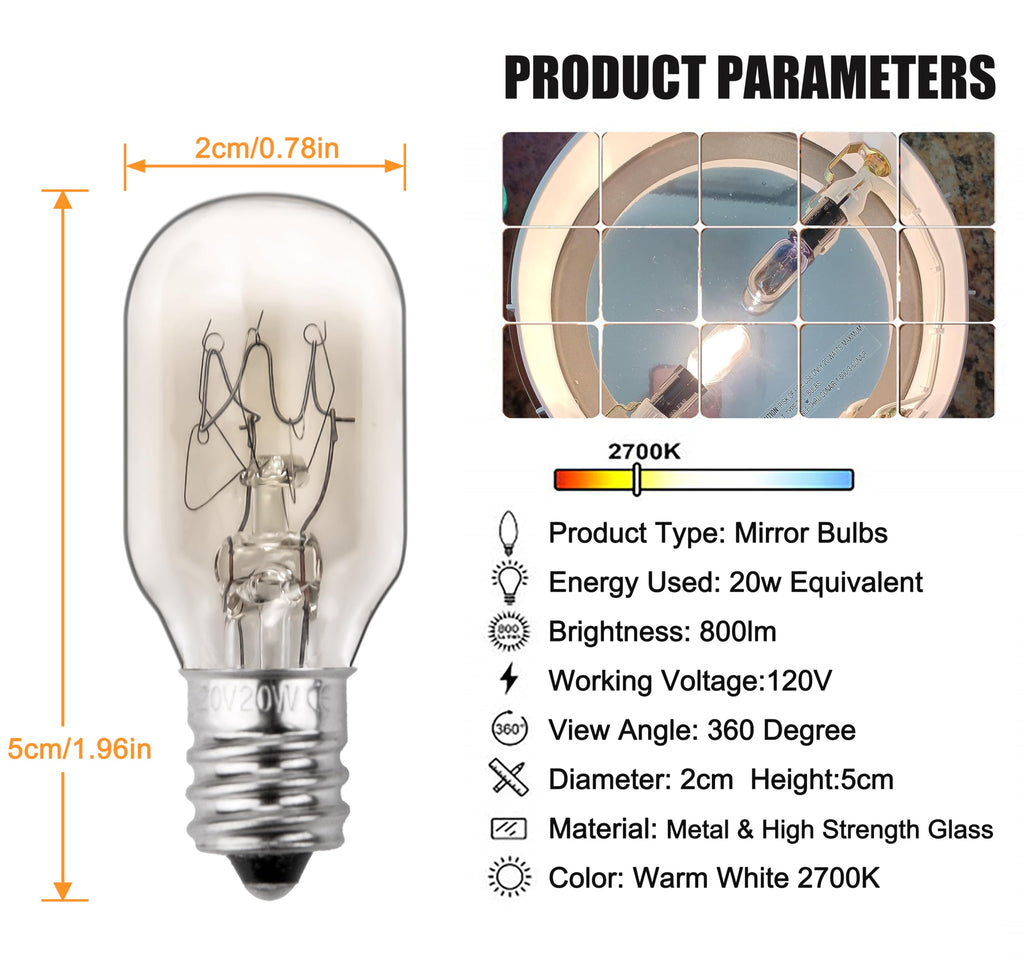 ZTTM 20W, 120V Incandescent Bulb Replacement, Suitable for Conair RP34B Illuminated Makeup Mirror, E12 Candle Holder Base, 2700K (20W 120V Bulb*3)