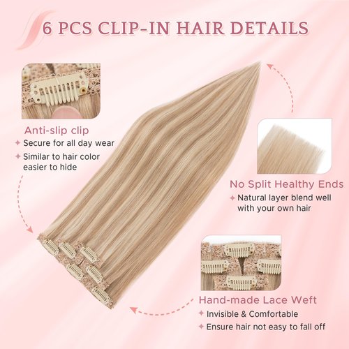 SEGO Clip In Short Hair Extensions Real Human Hair Single 6 Pcs Individual Clip Ins Highlight Remy Balayage Straight Soft Seamless Hairpieces for Women -12 Inch #12P613 Golden Brown&Bleach Blonde
