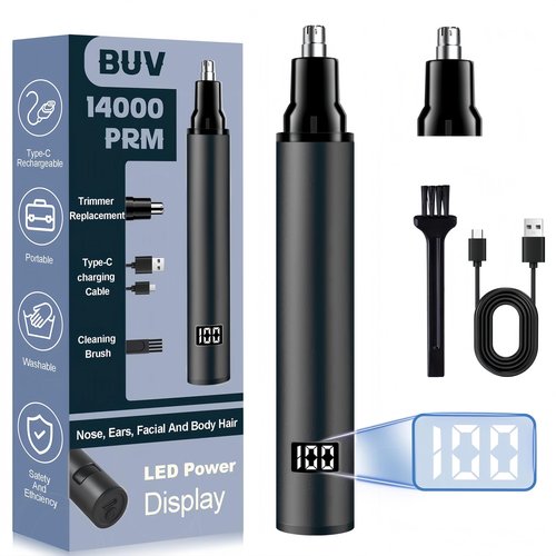 BUV Nose Hair Trimmer with LED Display- 2025 Professional Painless Ear Hair Trimmers for Men and Women, USB Rechargeable Nose Hair Trimmer Clipper, Black