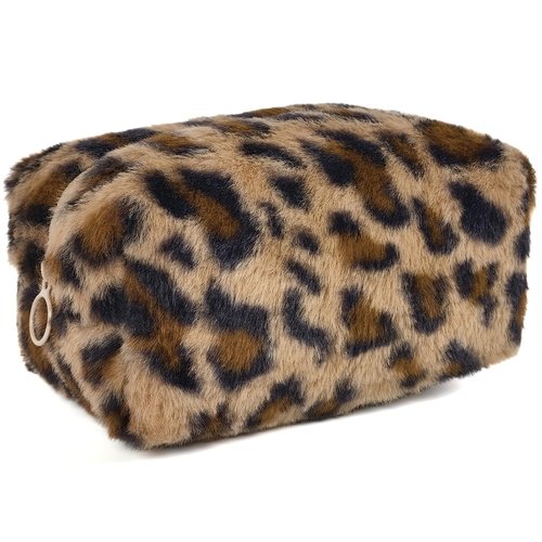 STARDW Leopard Print Makeup Bag - Plush Faux Fur Travel Cosmetic Pouch with Zipper