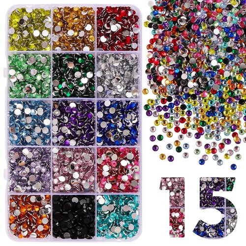 15000Pcs Flatback Rhinestones for Crafts, 5mm Mixed Color Crystals Rhinestone, Resin Flatback Glitter Gems Nail Diamonds Rhinestones for Clothes Accessories DIY