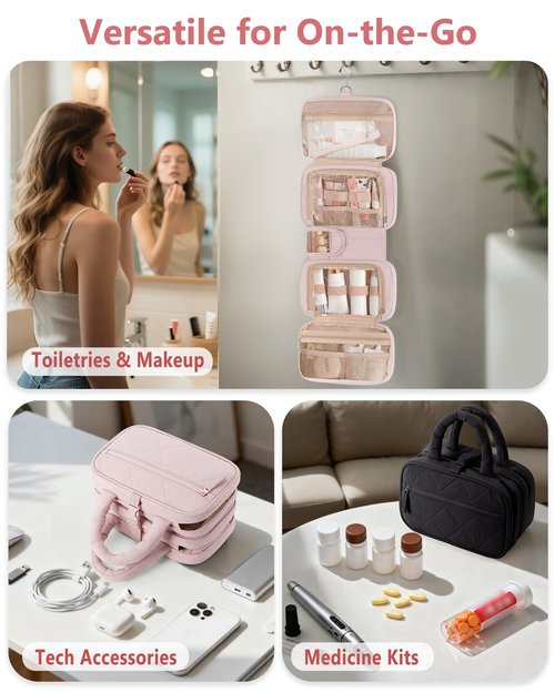 Marscamd Travel Toiletry Bag for Women with Hanging Hook, Puffy Makeup Organizer with Brushes Slots for Bathroom, Shower and Beauty Essentials, Pink