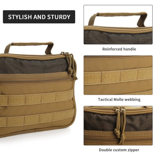 HJOKLS Tactical Toiletry Bag for Men, Travel Hanging Toiletry Bags, Toiletries Organizer Dopp Kit, Travel Cosmetic Bag,Shaving Hygiene Bag, Bathroom Essentials Men's Toiletry Bag for Camping - Khaki