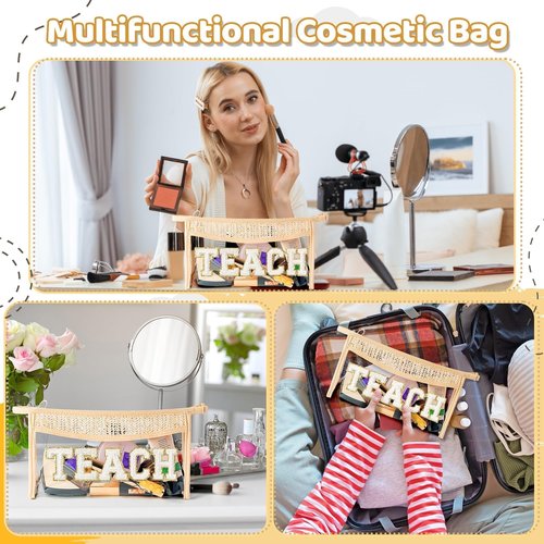 Belanttega Boho Patch TEACH Cosmetic Bag - Teacher Appreciation Gifts Teach Chenille Varsity Letter Clear Toiletry Makeup Bag Waterproof Portable Woven Makeup Pouch Summer Travel Pouch for Women Girls