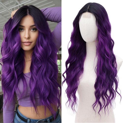 BUPPLER Cosplay Long Black to Purple Wig 28 Inch Middle Part Synthetic Wig Realistic Gifts Party Wigs for Women Daily Use Colorful Wigs (Black to Purple)