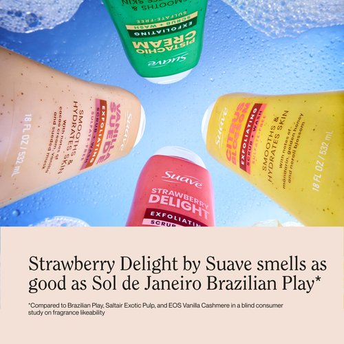 Suave Strawberry Delight Exfoliating Body Wash & Scrub with Glycerin & Vitamin E, Sulfate-Free Hydrating Cleanser for Soft, Smooth Skin, 6 Count, 18 FL OZ EA