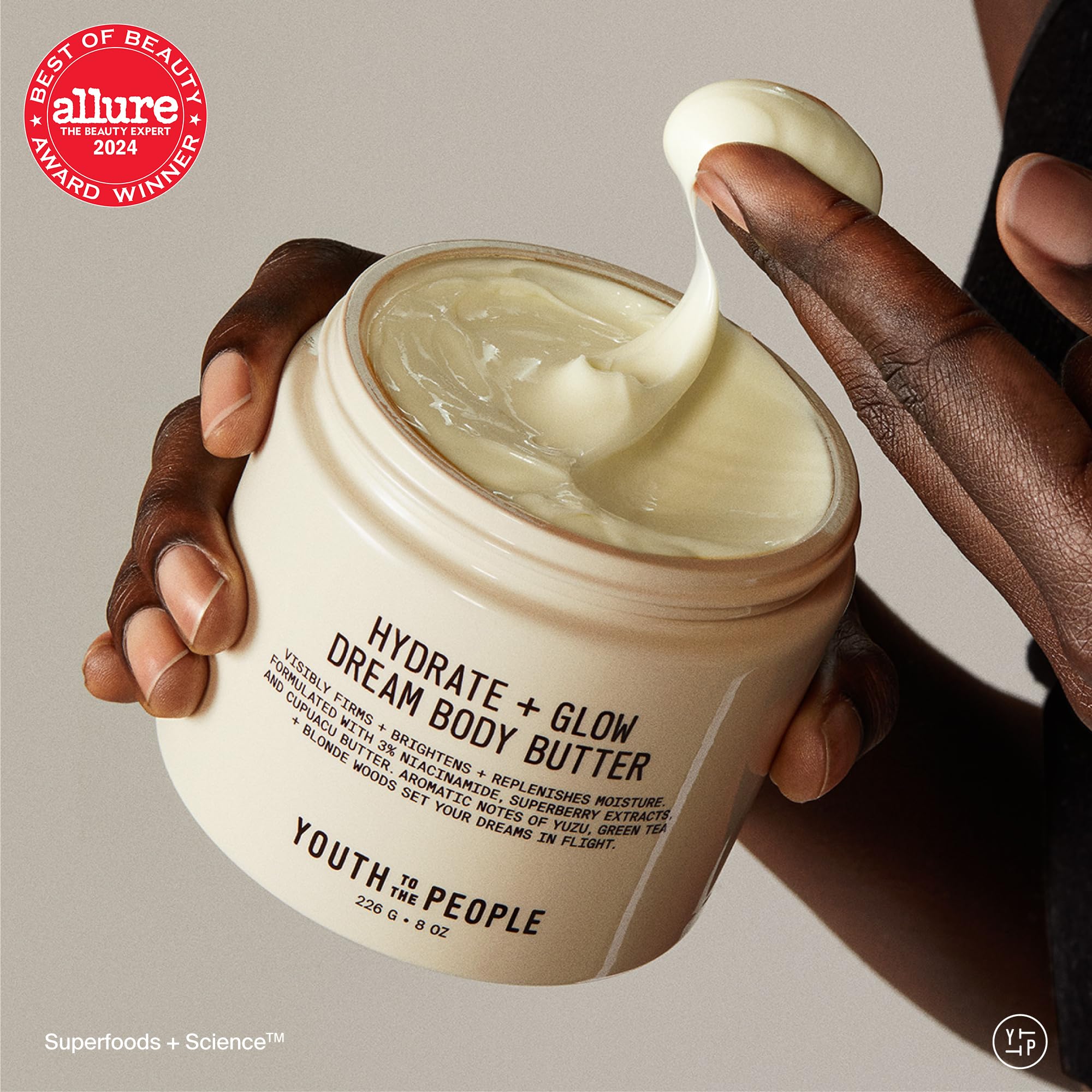 Youth To The People Superberry Hydrate + Glow Dream Body Butter - 3% Niacinamide + Jojoba Oil, Shea Butters, Yuzu + Green Tea + Blonde Woods Scented Body Lotion, Firming Moisturizer - 1.7 fl oz