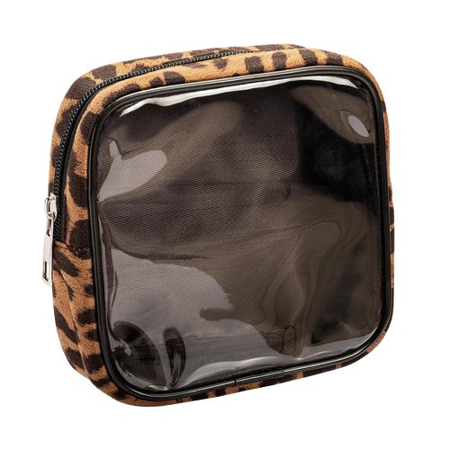 AGBIADD Fabric Leopard Print Clear Makeup Bag Travel Cosmetic Case Transparent Toiletry Bag with Zipper, Portable Make Up Organizer Traveling Compact Car Bag for Essentials (Brown)