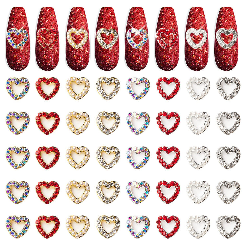 XEAOHESY 40 Pieces Gold and Silver Alloy Heart Charms for Nails Love Heart Nail Charms Gems Christmas Nail Studs Inlaid Rhinestone Pearls for Women Girls Valentine's Day