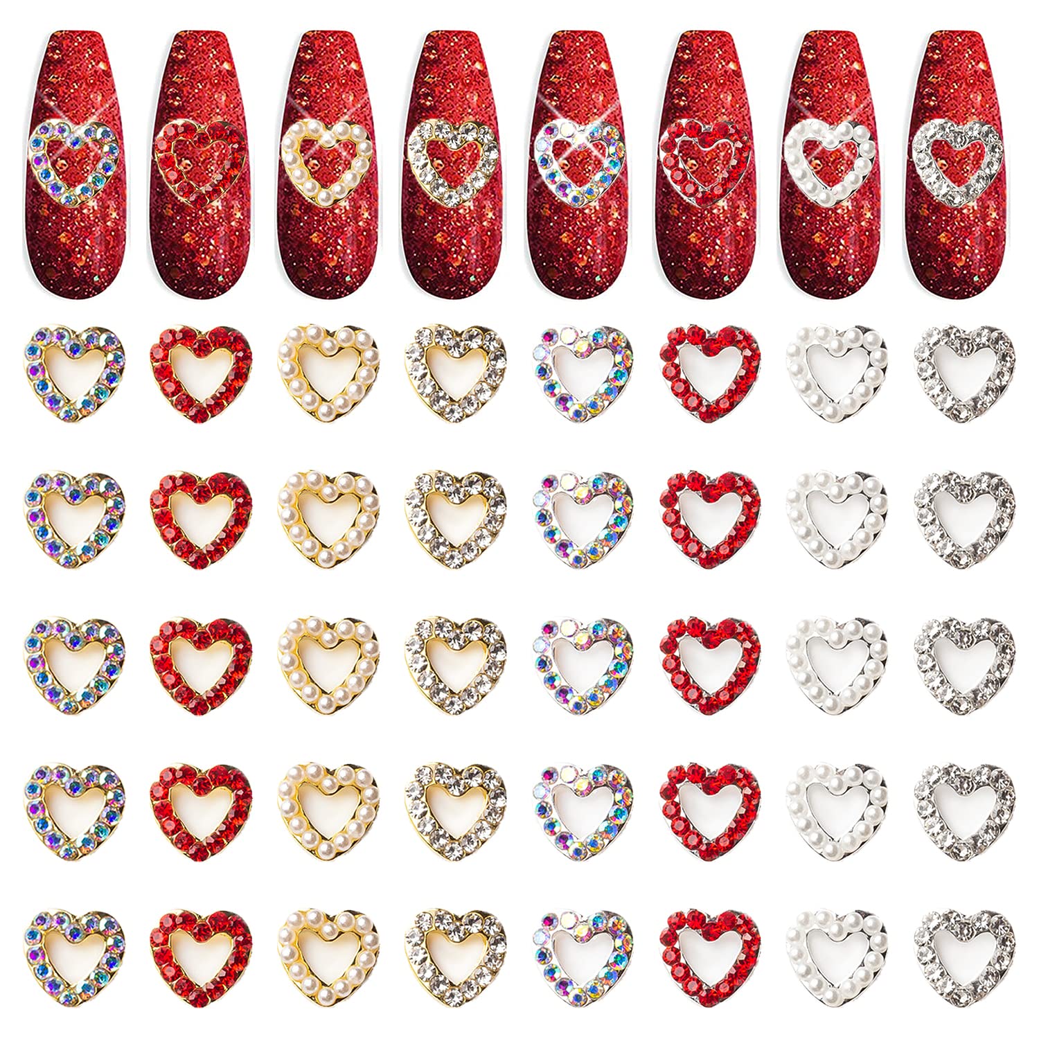 XEAOHESY 40 Pieces Gold and Silver Alloy Heart Charms for Nails Love Heart Nail Charms Gems Christmas Nail Studs Inlaid Rhinestone Pearls for Women Girls Valentine's Day