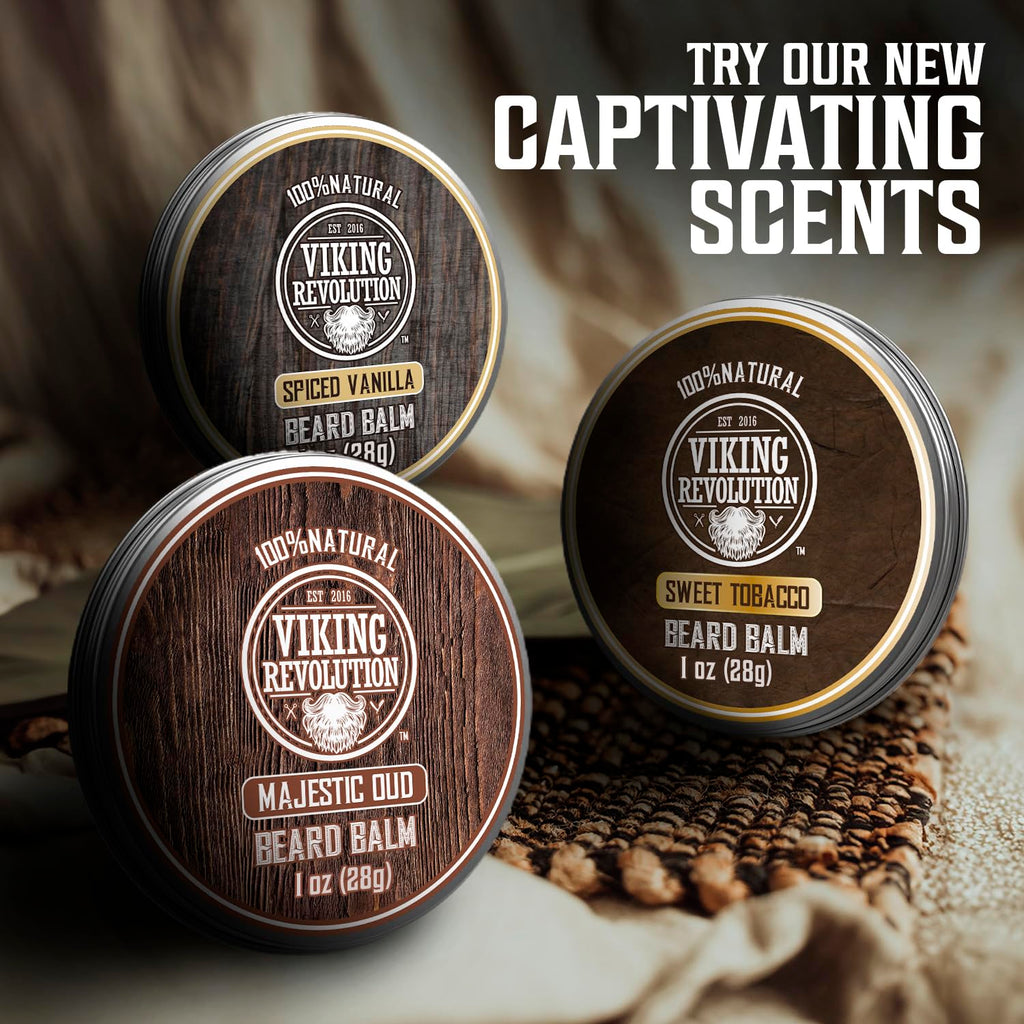 Viking Revolution Beard Balm Variety Pack - Styles, Strengthens & Softens Beards | 1oz Each - Sandalwood, Pine & Cedar, Bay Rum, Clary Sage