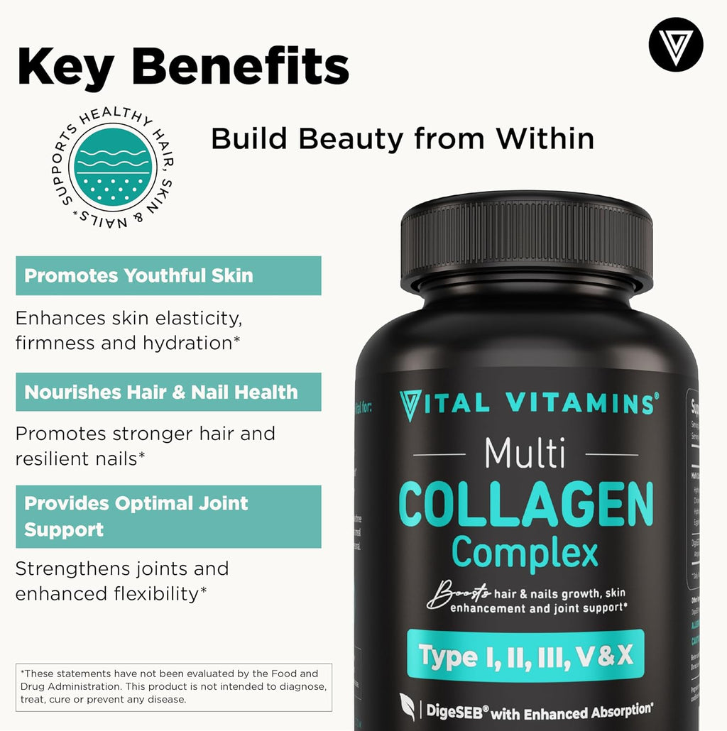 Vital Vitamins Multi Collagen Capsules - Types I, II, III, V, X - Grass Fed & Non-GMO - 150 Count