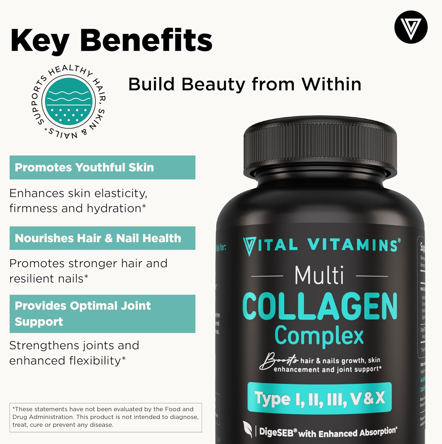 Vital Vitamins Multi Collagen Capsules - Types I, II, III, V, X - Grass Fed & Non-GMO - 150 Count