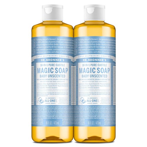 Dr. Bronner's Pure-Castile Magic Liquid Soap (Baby Unscented, 16 Ounce, 2-Pack)- Made with Regenerative Organic Certified Oils, For Face, Hair, Hand & Body Soap, Laundry, Pets- Concentrated, Vegan