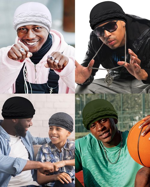 Babalet Halo Turban for Men Women Satin Lined Durag Skull Cap Pre-Tied Handmade Braids Tail Beanie Sleeping Bonnet,Black