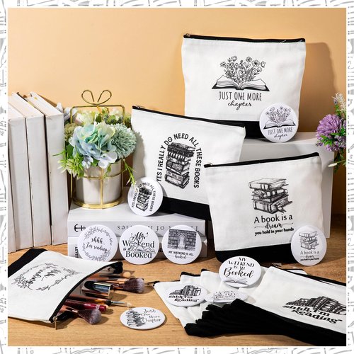 Paterr 20 Pcs Book Lover Gifts for Women Inspirational Bookish Canvas Makeup Bag with Zipper and Mini Compact Mirrors Librarian Appreciation Gift for Book Reading Student Teacher Writer Bookworm