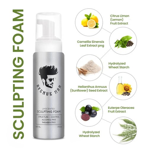 Avenue Man Sculpting Foam - Unscented Frizz Control & Firm Hold Hair Mousse for Men - 7 oz
