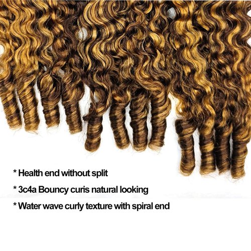 Highlight Honey Blonde Ombre Human Hair Bundles Burmese Curly Bundles Human Hair Ombre Highlight Water Wave 1 Bundle 18 Inches Quick Weave with Spiral End 3c4a for Black Women 4/27