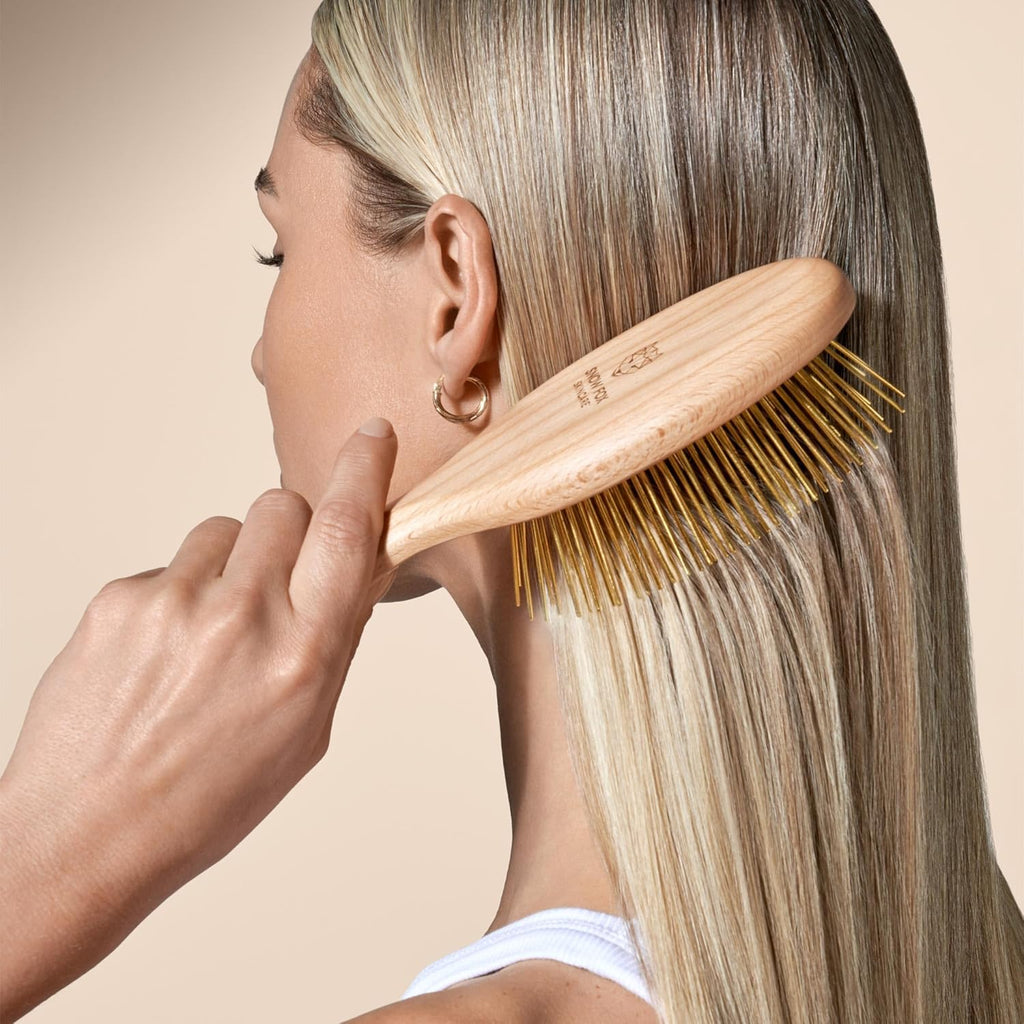 Snow Fox Skincare Gua Sha Hair Brush - Wooden Edition | Scalp Massage Comb with Gold-Plated Bristles for Healthy Follicles