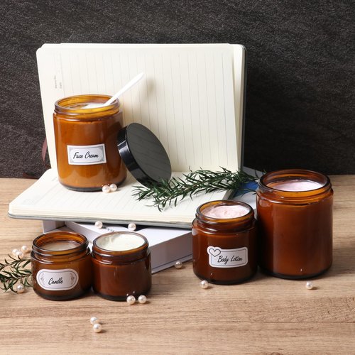 2 Pack 8 oz Amber Glass Jars with lids, Cosmetic Jars with Inner Liners and Black Lids, Lotion Jars, Candle Making Jars for Lotions, Scrubs and Cosmetic, Lables and Spatulas Include