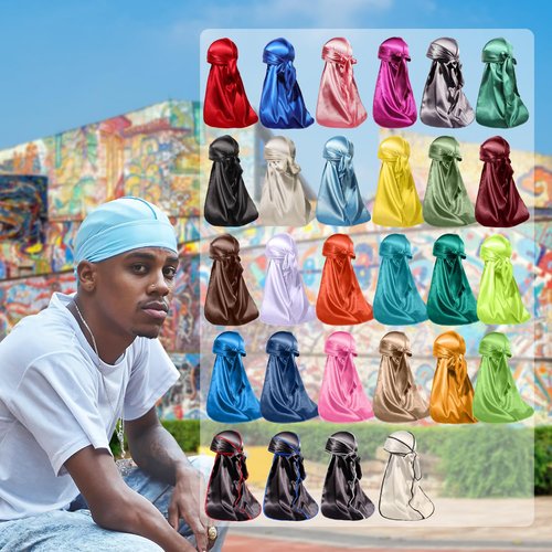 ForceWave Silky Durag for Men Wave Cap Satin Dorag for Men Women 360 Wave (Black with White Seam)
