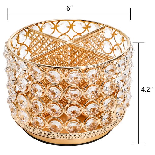 Hedume Crystal Vanity Organizer with 4 Compartments, 360 Degree Rotating Makeup Brush Holder, 4-Slot Glitter Gold Spinning Cosmetic Brushes Display Multi-Functional Desk Organizer Home Decor