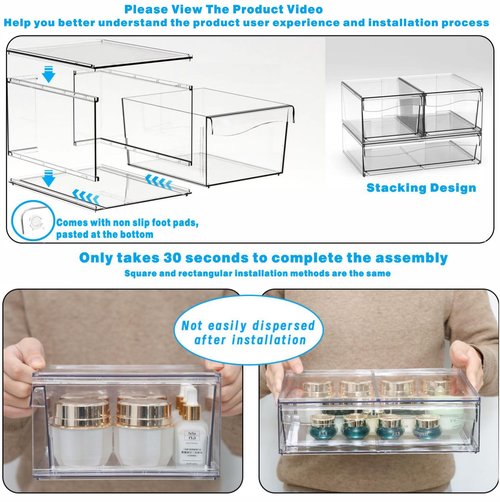 6 Pack Clear Stackable Storage Drawers,12"W Large Bathroom Makeup Organizer and Pen,Sunglass,Medicine,Baby Bottle Organizer,Plastic Pull Out Storage Bins for Desk,Under Cabinets,Vanity Countertop