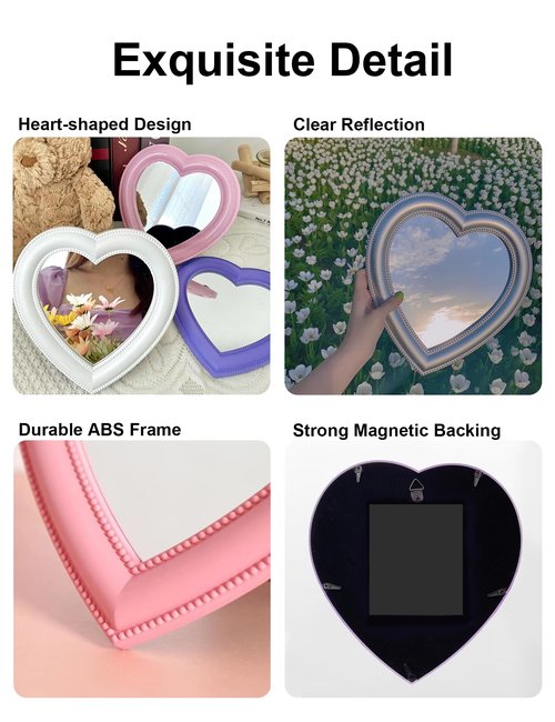 Dizgyuwei Heart Magnetic Locker Mirror for Girls, 6.9"x7.3" Real Glass Mirror Magnetic for School Locker, Locker Accessories Makeup Mirror for Bathroom Fridge Office Cabinet Gym (Pink)