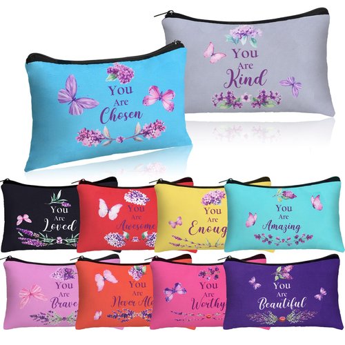 Shinylin 10 Pcs Inspirational Gifts Bulk for Women Mother's Day Canvas Makeup Bags with Zipper for Women ''you Are'' Inspirational Purple Butterfly Toiletry Cosmetic Pouches for Women's Party Favors