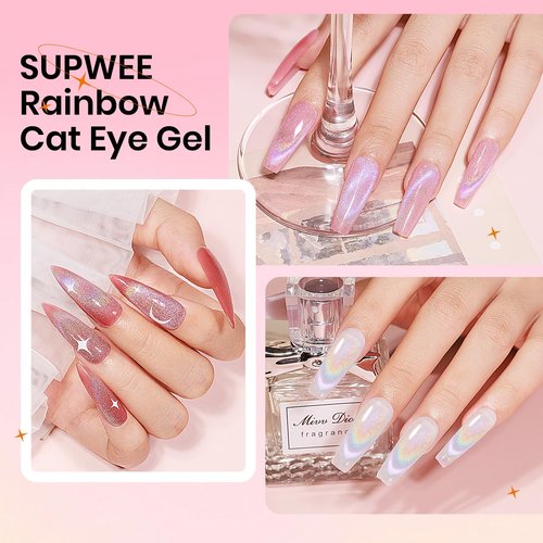 SUPWEE Cat Eye Gel Nail Polish Set With Magnetic, 5 Colors Translucent Nude Pink White Jelly Gel, Universal Rainbow Cat Eye, Glitter Holographic for Home DIY Manicure