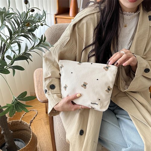 lllyan 2 Pcs Makeup Bag Travel Canvas Organizer Cosmetic Bag for Purse Toiletry Bag with Zipper For Women Travel Essentials Tool Pouch for Women and Girls（Beige khaki bear）