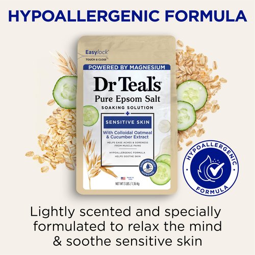 Dr Teal's Epsom Salt Magnesium Soak, Sensitive Skin with Colloidal Oatmeal & Cucumber, 3 lbs (Pack of 4)