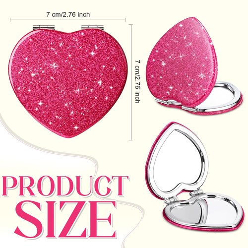 Briwooody 4 Pcs Valentine's Day Heart Compact Folding Mirror Mini Vanity Mirror Double Sided Cute Glitter Cosmetic Gift Portable Travel Magnifying Makeup Supplies for Women Mom Home(Rose Red)
