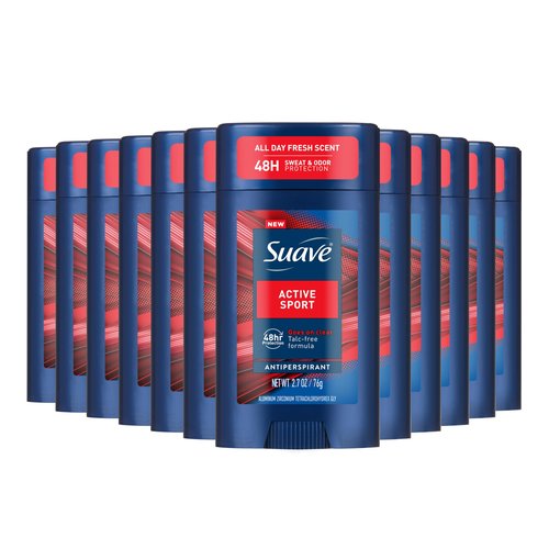 Suave Active Sport Men’s Antiperspirant Deodorant, All Day Bergamot & Wood Scent, for 48hr Odor & Wetness Protection, 2.7oz, 12 Pack