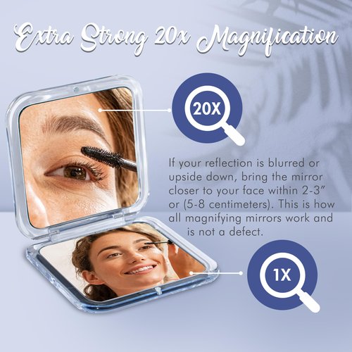 MIRRORVANA Small Compact 20X Magnifying Mirror for Travel - Handheld, Foldable & Lightweight - Mini Pocket-Sized Magnified Mirror for Purse - Square 3.3” x 3.3”