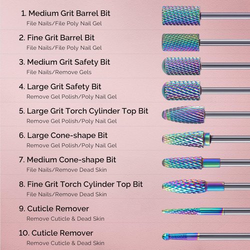 MelodySusie Nail Drill Bits Set, 10pcs Tungsten Carbide Nail Bits for Nail Drill E-file, 3/32 inch Bits Manicure Pedicure Remover Tools for Acrylic Gel Nails, Salon Home Nail Care Supplies, Colorful