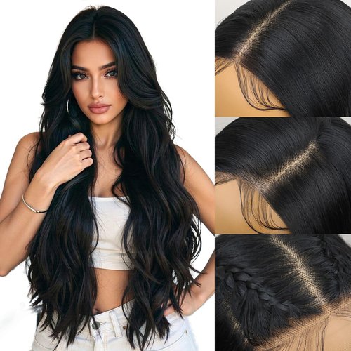 Kurope 13x4 Synthetic Lace Front Wig Black Long Wavy Wigs 26inch Pre-Plucked Hairline and Baby Hair Synthetic Wigs for Black Women