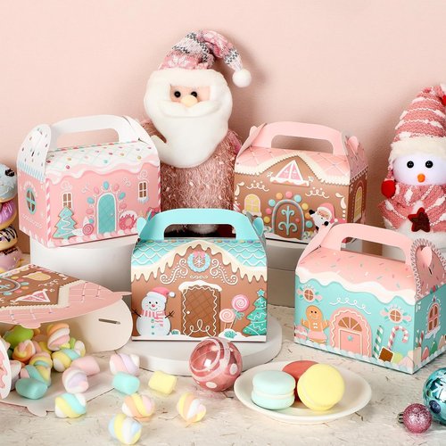 Skiennix 20 Pcs Pink Christmas Treat Boxes - 3D Gingerbread House Design for Cookies & Snacks