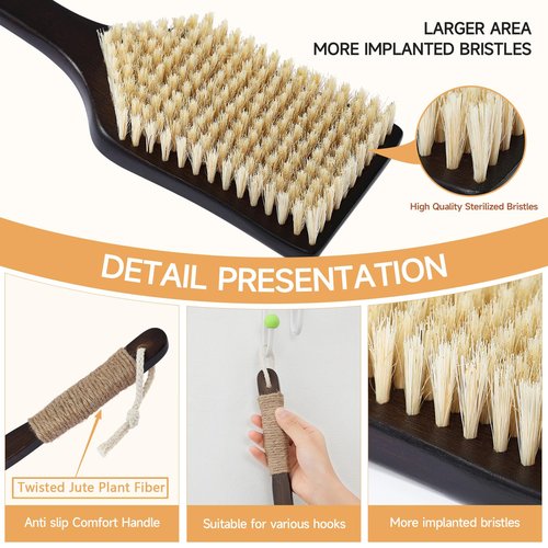 ENAMELEVO Back Scrubber Shower Brush,Dry Brushing Body Brush with 17.7 Inch Curved Long Handle, Natural Bristles for Lymphatic Drainage, Soft & Stiff Bristles Available (Stiff-Thick Boar Bristles)