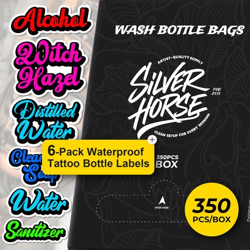 350pcs Wash Bottle Bags with 6pcs Sticker Labels - Tattoo Bottle Bags for 500ml/16.9oz, 6.0×9.4 Inch Plastic Covers, Professional Tattoo Supplies & Accessories (Black)