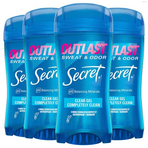 Secret Outlast Antiperspirant Deodorant for Women, 72hr Sweat & Odor Protection, PH Balancing Minerals, Clear Gel, Completely Clean Scent, 2.6 oz (Pack of 4)