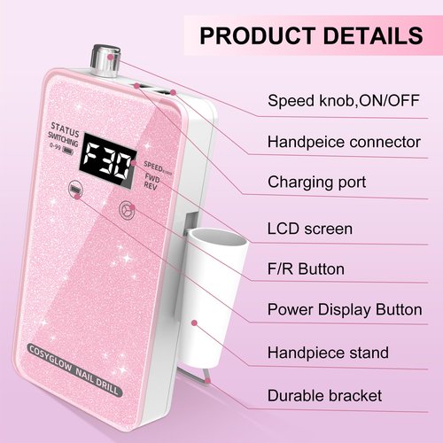 Professional Electric Nail Drill File:COSYGLOW Glitter Portable Cordless E-File Nail Drill Kit with 11 Drill Bits,30000 RPM Rechargeable Nail Drills Machine for Acrylic Nails Gel Polishing (Pink)